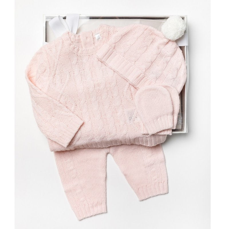 Baby Girls Baby Pink Knitted 4 Piece Outfit (In Gift Box)