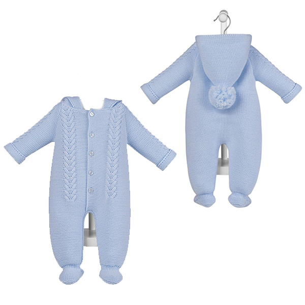 Dandelion Blue Bobble Hooded Cable Knit Pramsuit