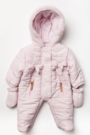 Pink Fur Panel And Bow Snowsuit