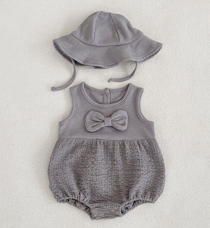 Bow Cotton Romper And Sun Hat - Grey