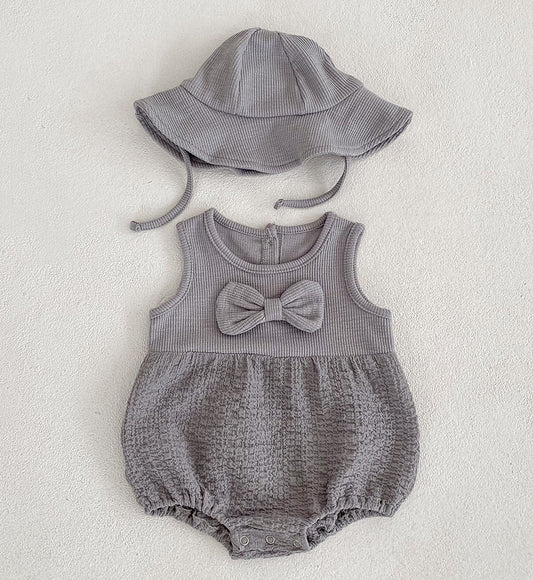 Bow Cotton Romper And Sun Hat - Grey