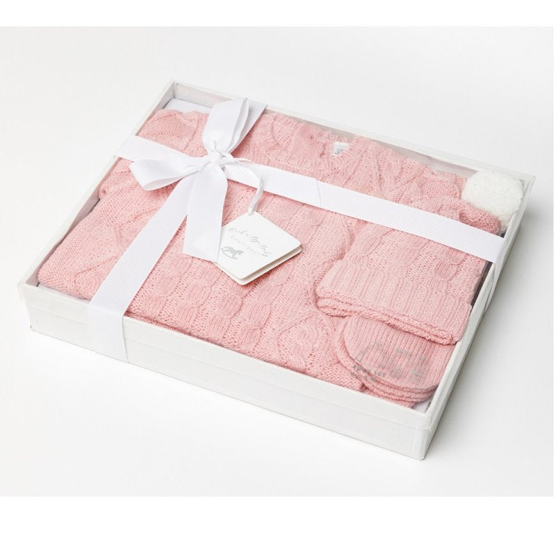 Baby Girls Baby Pink Knitted 4 Piece Outfit (In Gift Box)