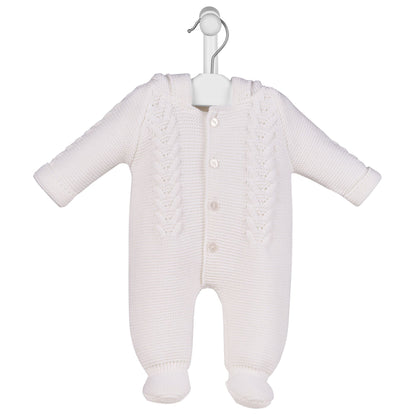 Dandelion White Bobble Hooded Cable Knit Pramsuit