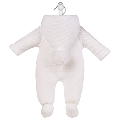 Dandelion White Bobble Hooded Cable Knit Pramsuit