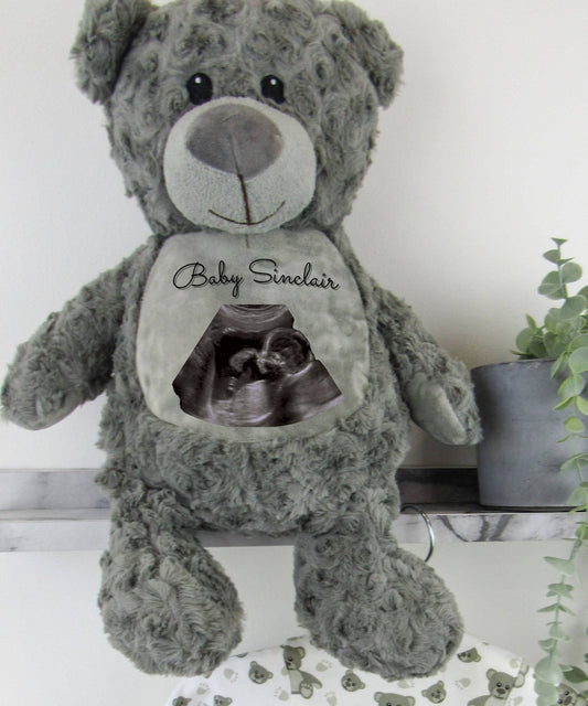 Hello Bear Grey Baby scan photo bear, with personalised gift bag