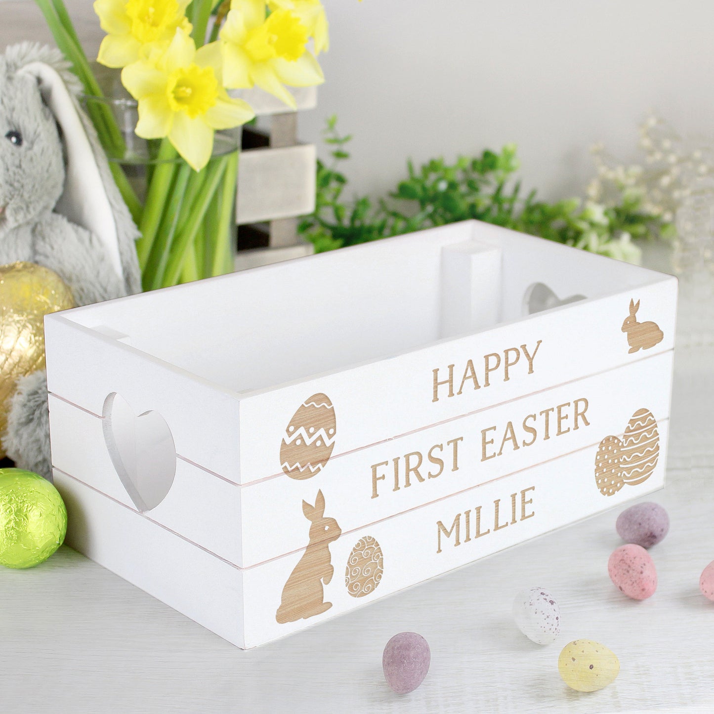 Personalised Natural Bunny Egg White wooden Easter Crate