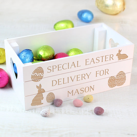 Personalised Natural Bunny Egg White wooden Easter Crate
