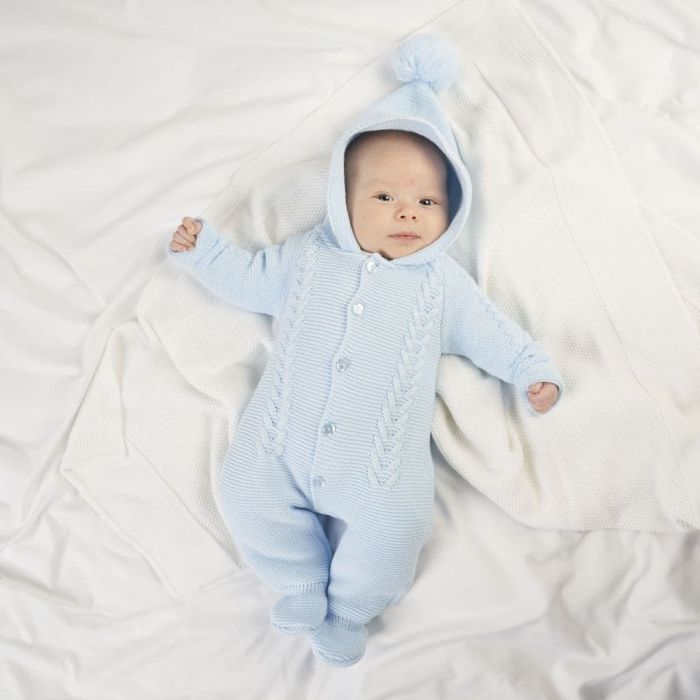 Dandelion Blue Bobble Hooded Cable Knit Pramsuit Lullaby Secret